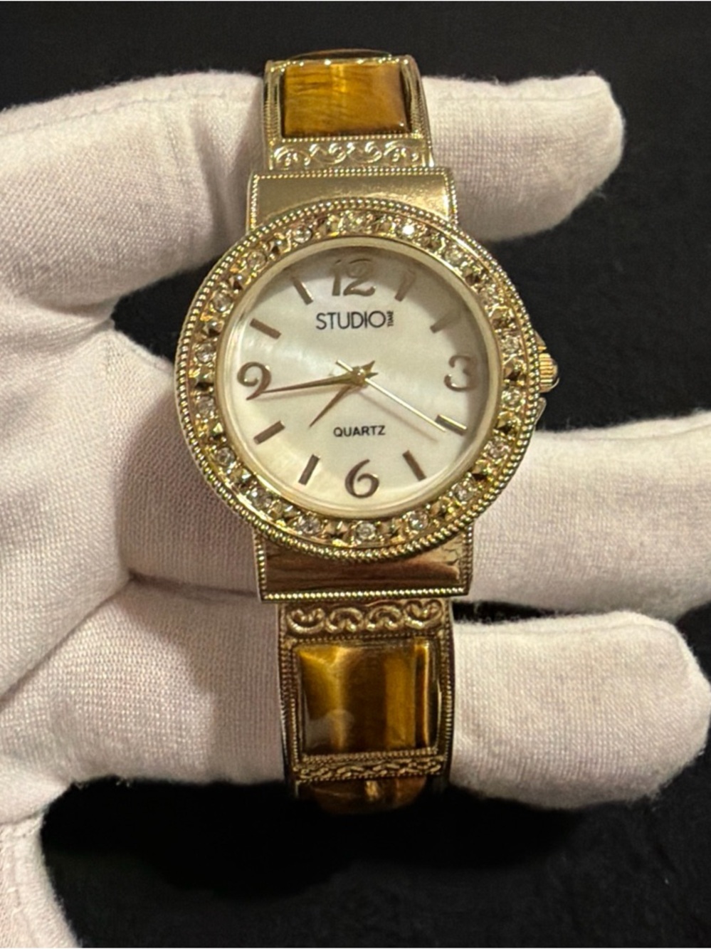 Studio Gold-Tone and Tiger Eye Cuff Watch